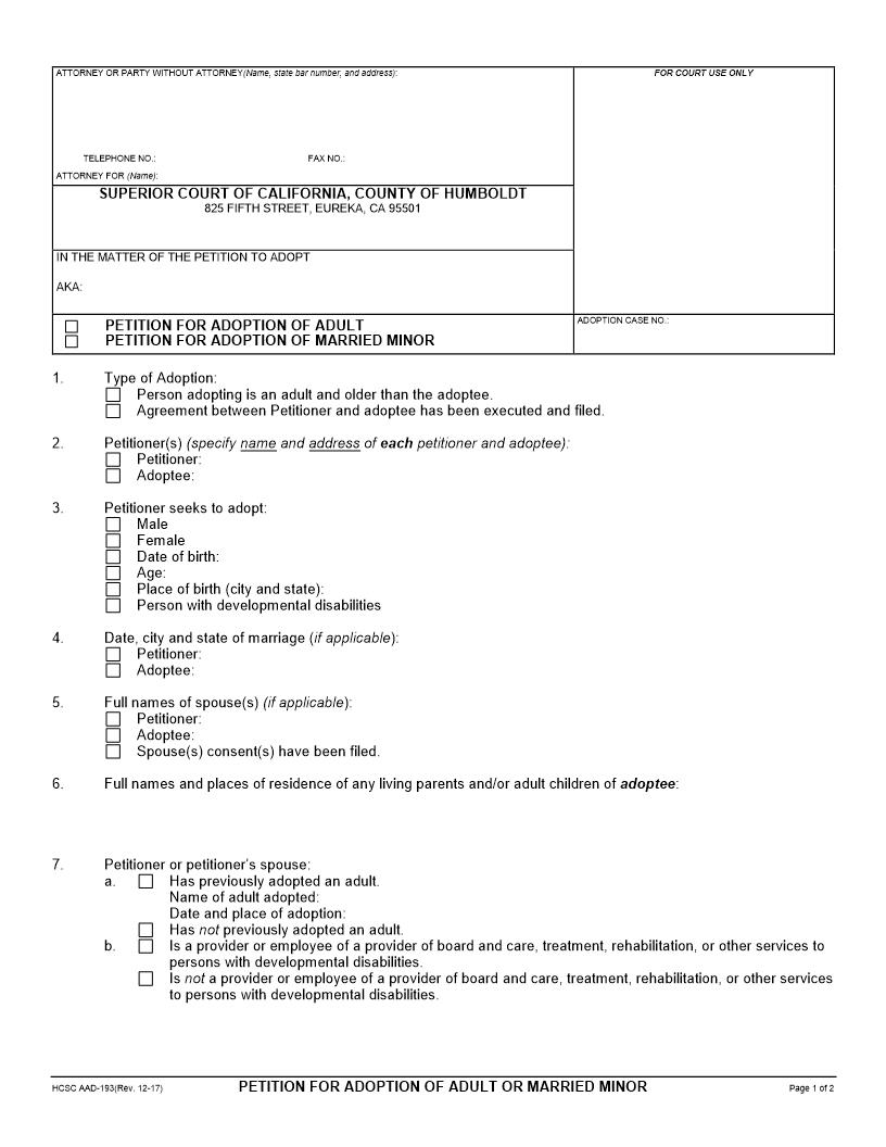 Petition For Adult Adoption {AAD-193} | Pdf Fpdf Docx | California
