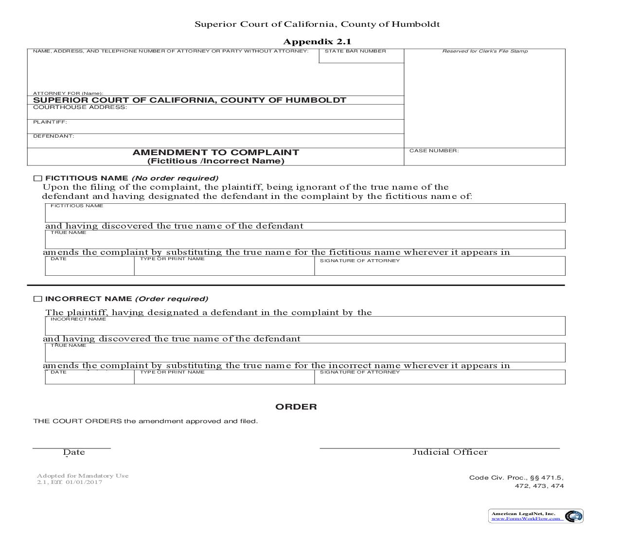 Amendment To Complaint (Fictitious-Incorrect Name) | Pdf Fpdf Doc Docx | California