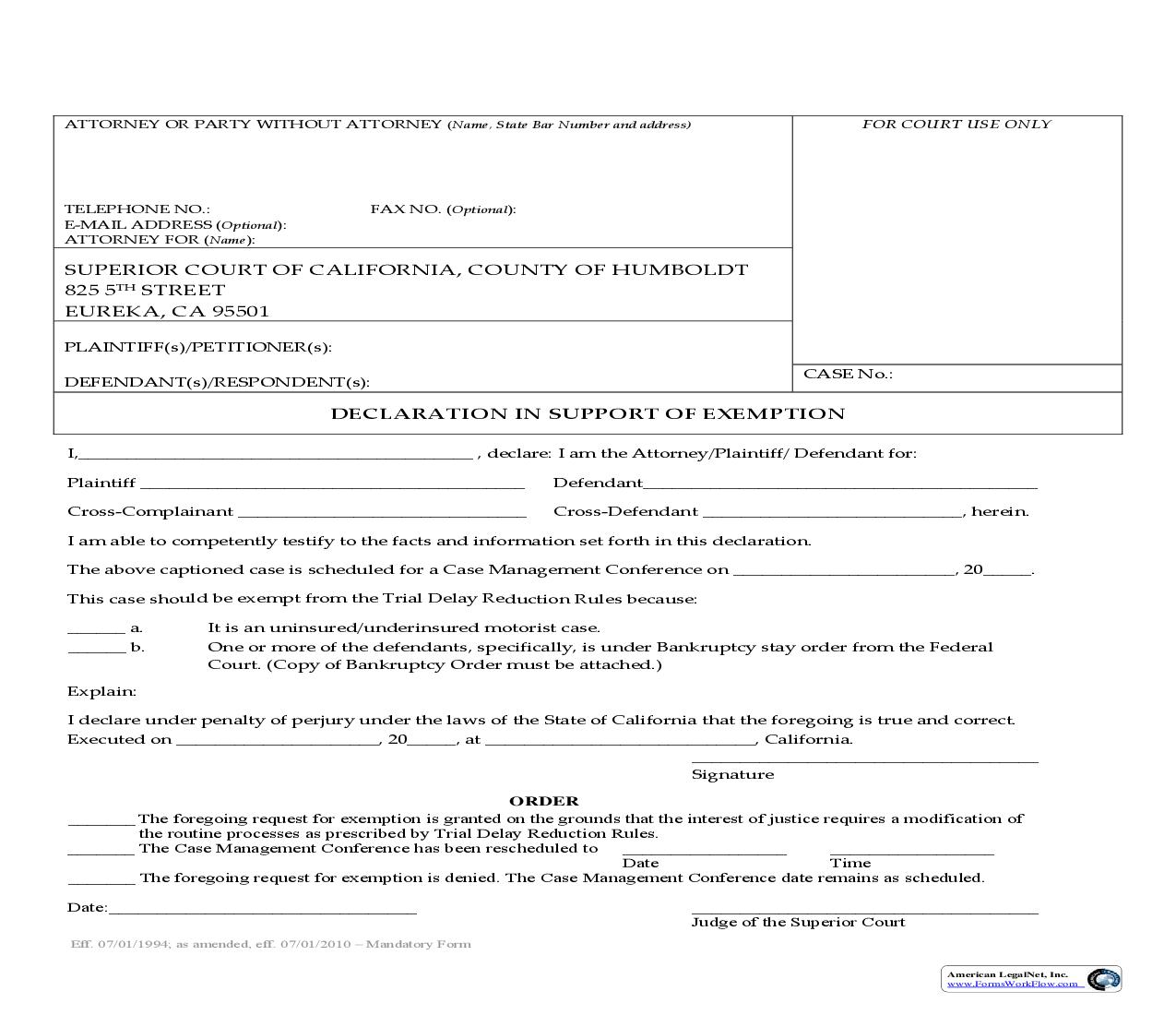Declaration In Support Exemption | Pdf Fpdf Doc Docx | California