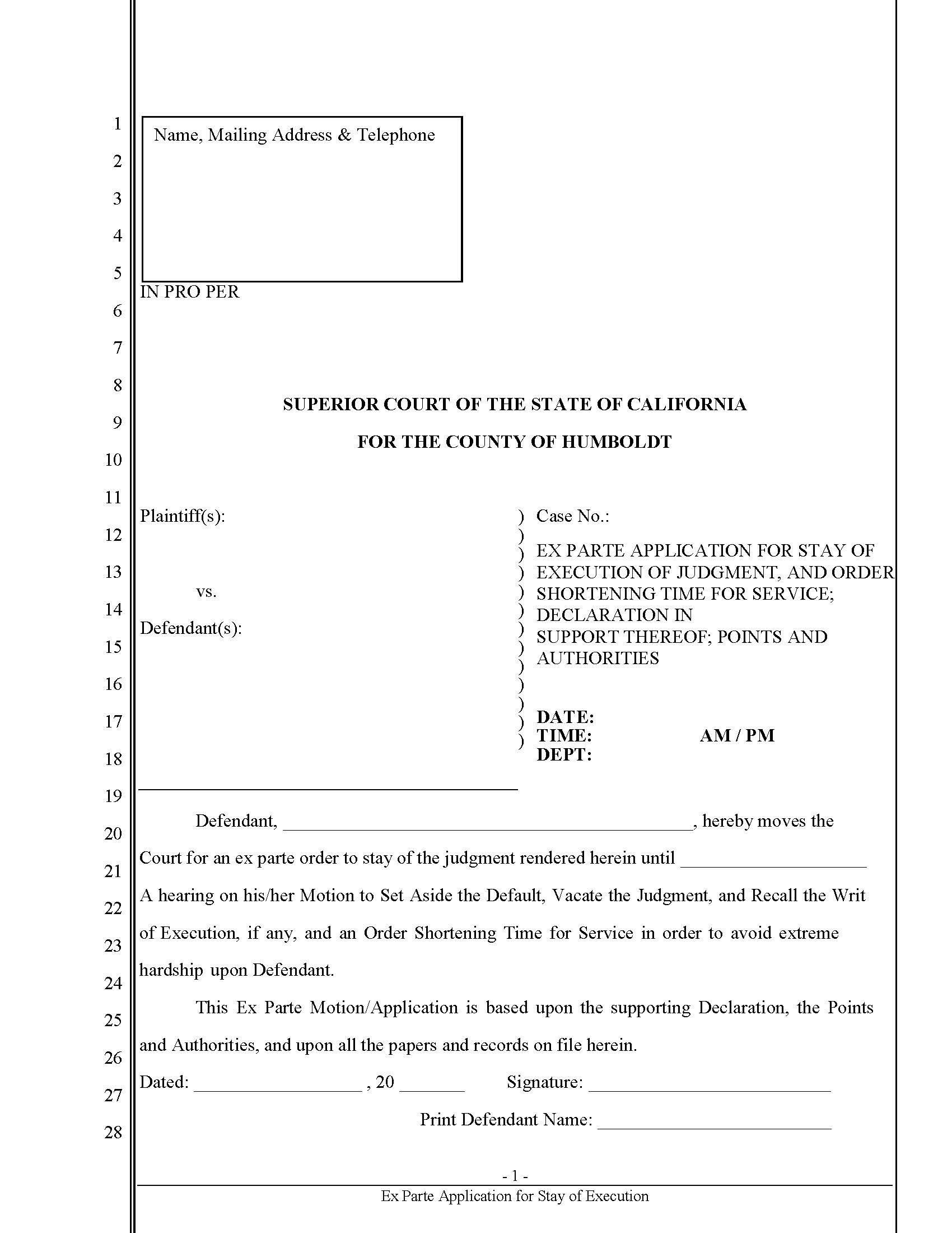 Ex Parte Stay Of Execution-Unlawful Detainer | Pdf Fpdf Docx | California