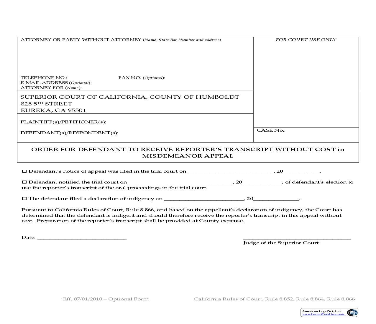 Order For Defendant To Receive Reporters Transcript Without Cost In Misdemeanor Appeal | Pdf Fpdf Doc Docx | California
