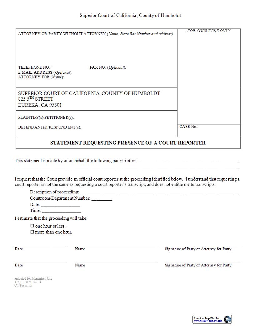 Statement Requesting Presence Of A Court Reporter {CIV17-0001} | Pdf Fpdf Docx | California