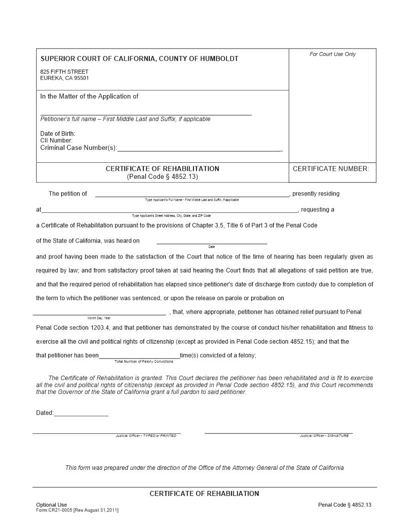 Certificate Of Rehabilitation {CR21-0005} | Pdf Fpdf Docx | California