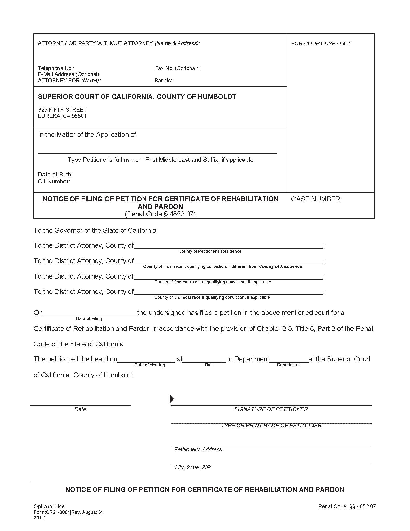 Notice Of Filing Of Petition For Certificate Of Rehabilitation And Pardon {CR21-0004} | Pdf Fpdf Docx | California