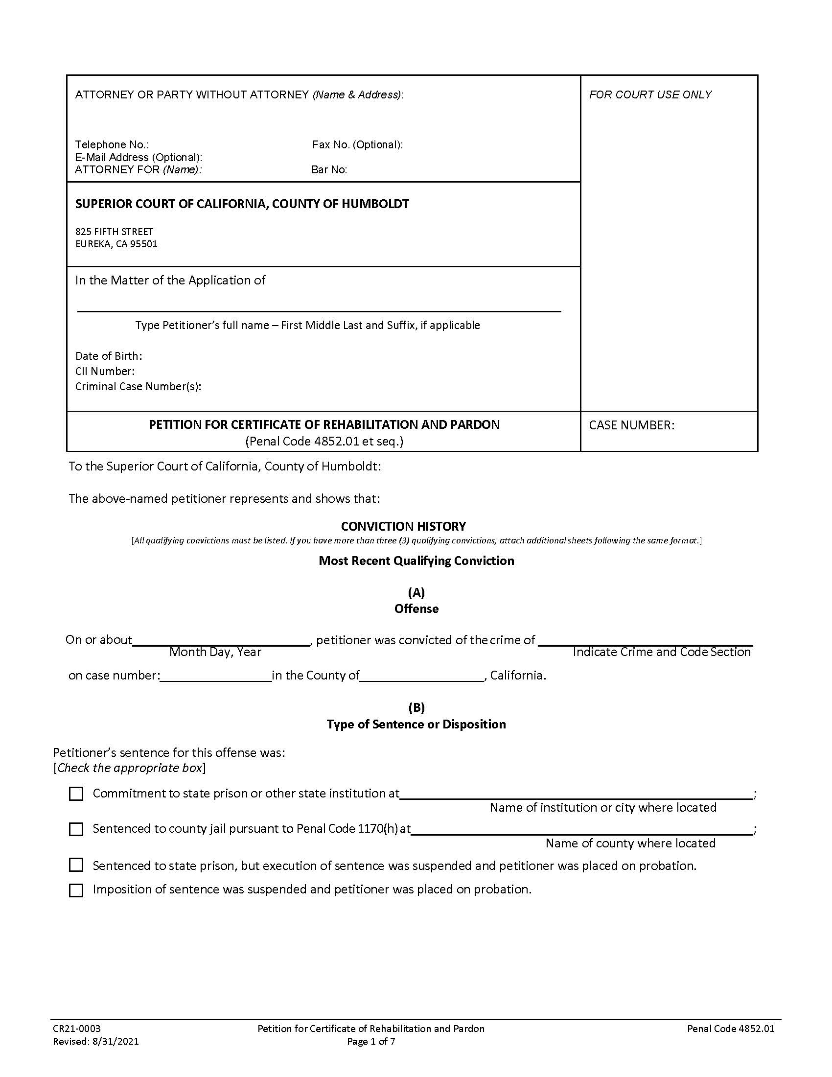 Petition For Certificate Of Rehabilitation And Pardon {CR21-0003} | Pdf Fpdf Docx | California
