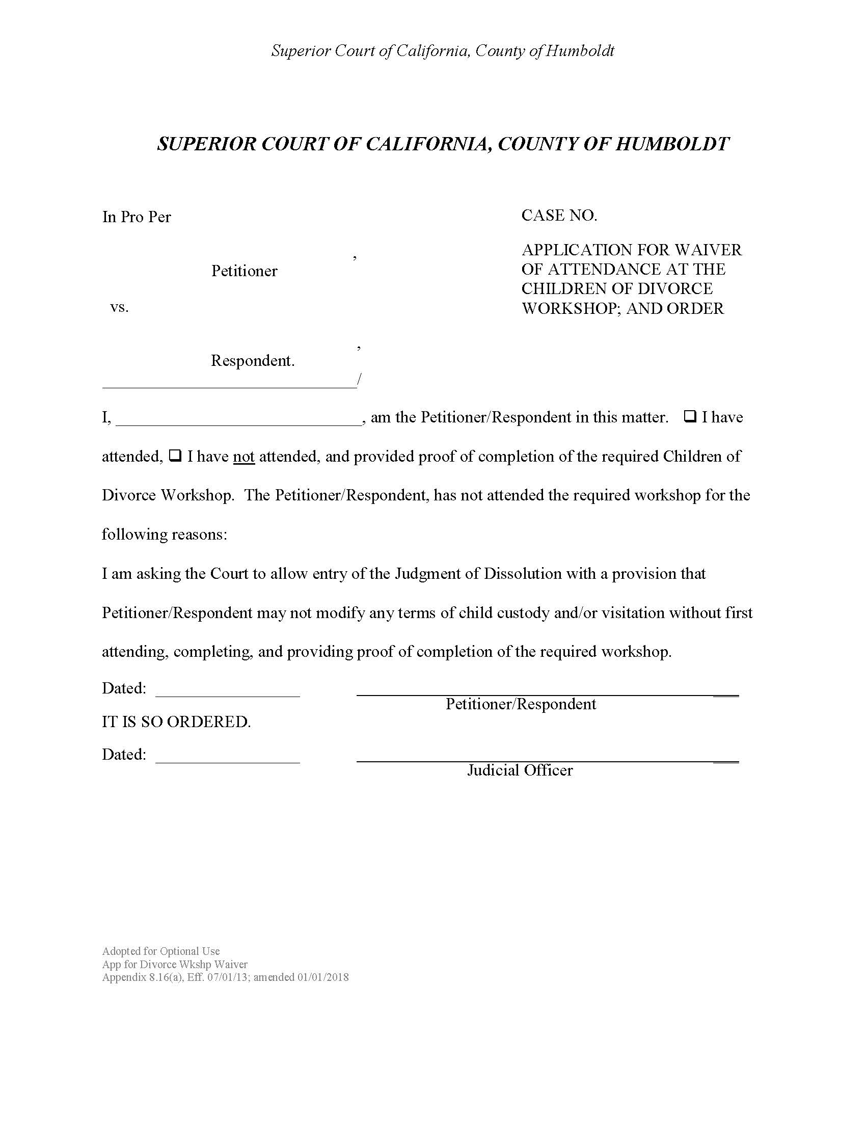 Application For Waiver Of Attendance At The Children Of Divorce Workshop And Order | Pdf Fpdf Doc Docx | California