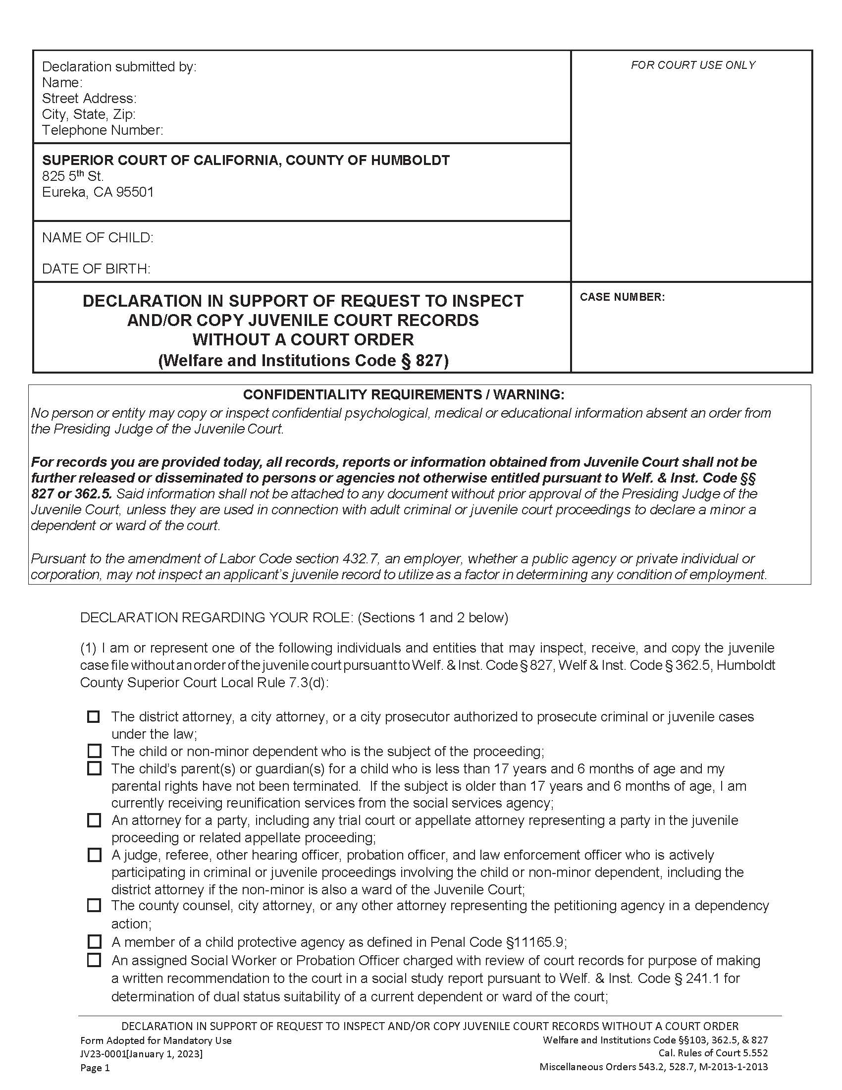 Declaration In Support Of Request To Inspect Juvenile Court Records {JV23-0001} | Pdf Fpdf Docx | California