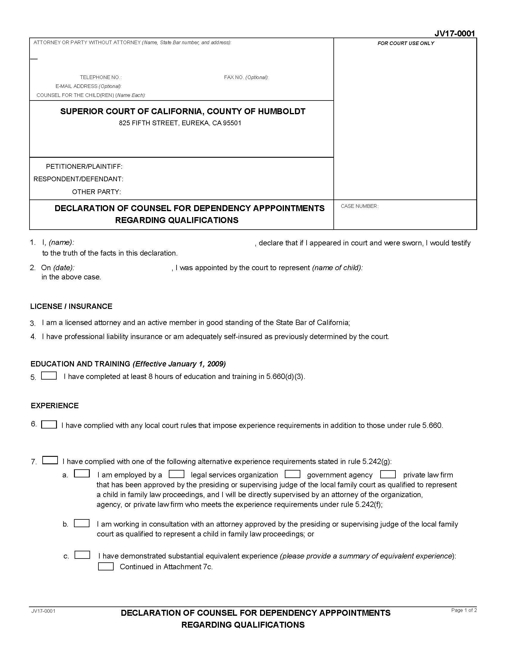 Declaration Of Counsel For Dependency Appointments Regarding Qualifications {JV17-0001} | Pdf Fpdf Docx | California