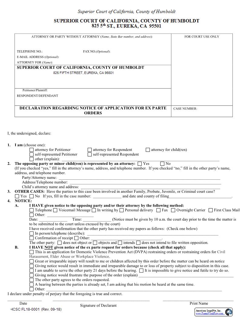 Declaration Regarding Notice Of Application For Ex Parte Orders {FL18-0001} | Pdf Fpdf Docx | California