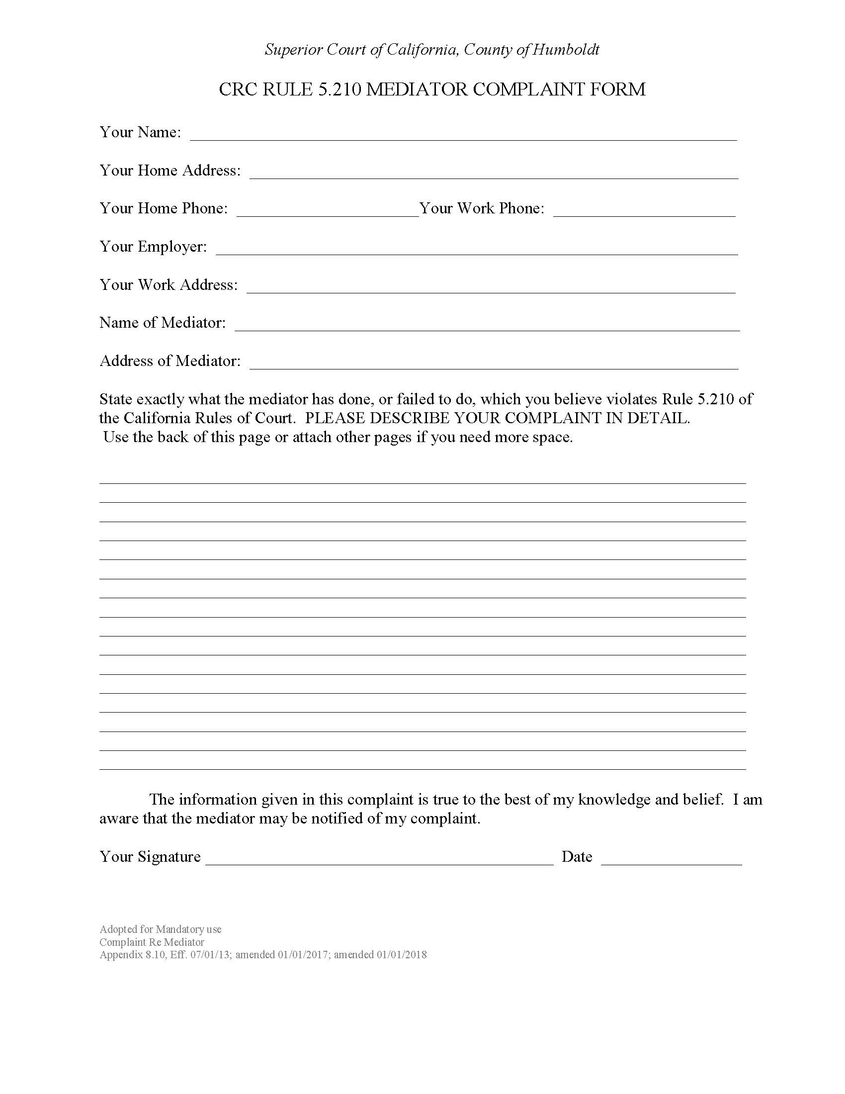 Family Court Mediation Services Complaint Form | Pdf Fpdf Doc Docx | California