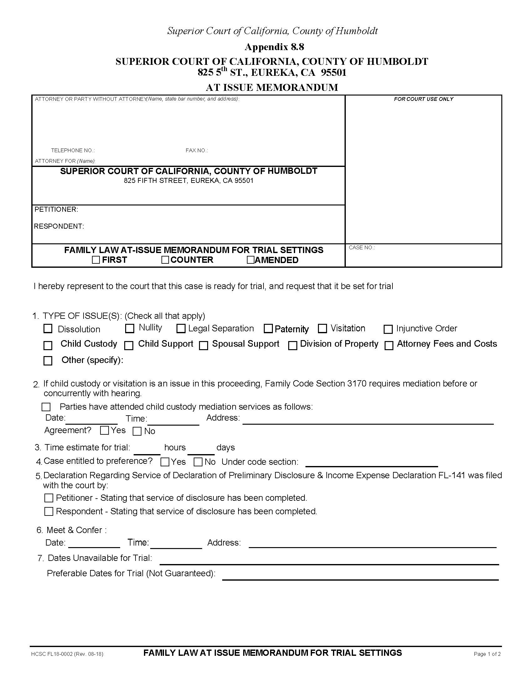 Family Law At-Issue Memorandum For Trial Settings {FL18-0002} | Pdf Fpdf Docx | California
