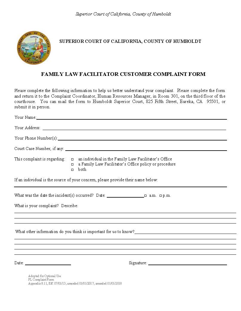 Family Law Facilitator Customer Complaint Form | Pdf Fpdf Doc Docx | California