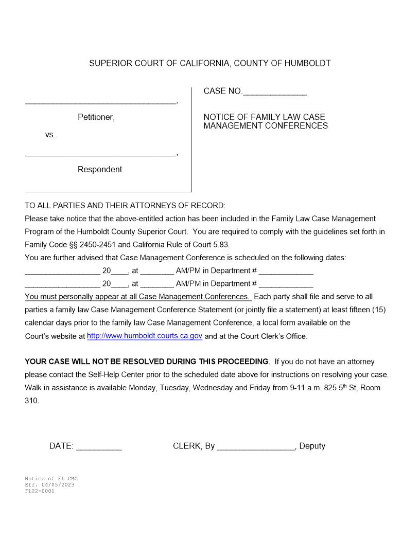 Notice Of Family Law Case Management Conferences {FL22-0001} | Pdf Fpdf Docx | California