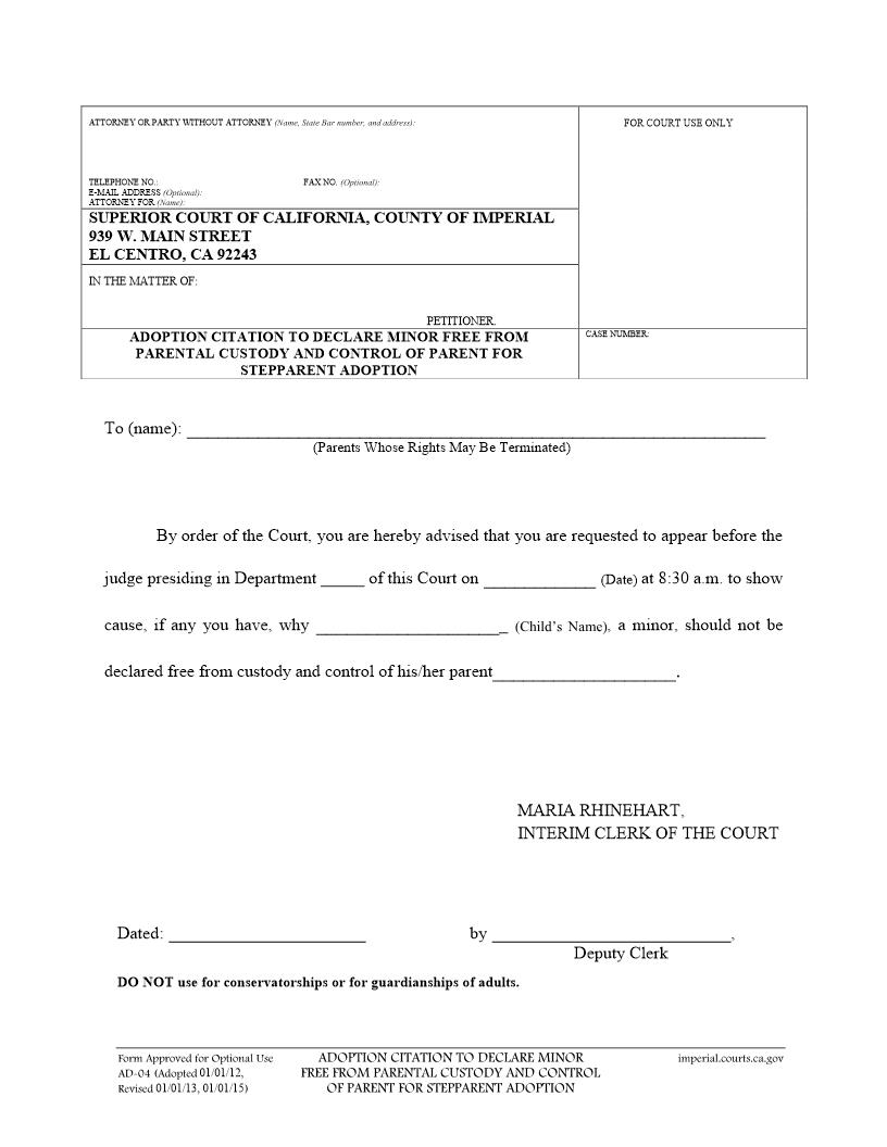 Adoption Citation To Declare Minor Free {AD-04} | Pdf Fpdf Doc Docx | California