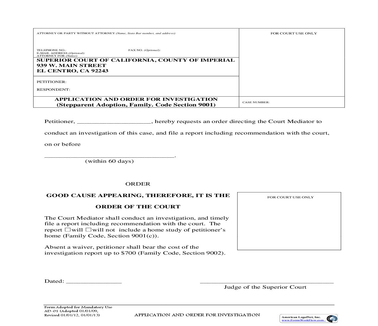 Application And Order For Investigation {AD-01} | Pdf Fpdf Doc Docx | California