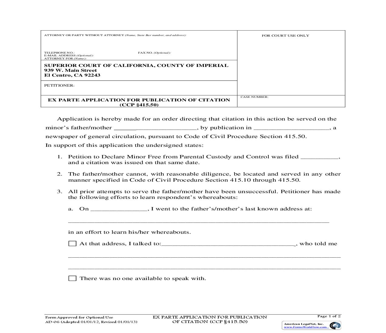 Ex Parte Application And Order For Publication Of Citation {AD-06} | Pdf Fpdf Doc Docx | California