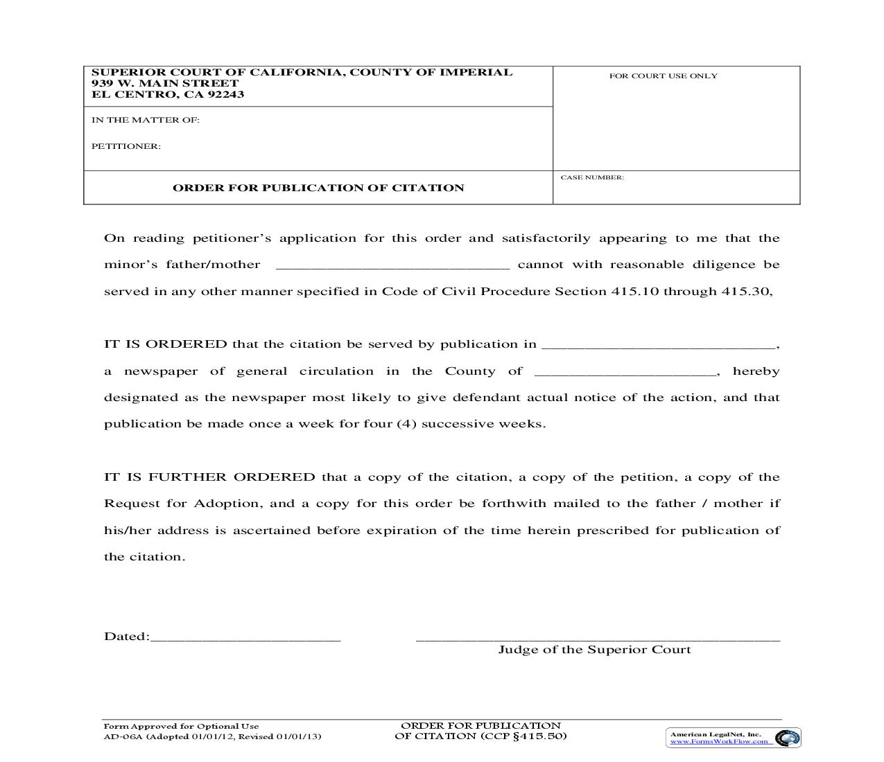 Order For Publication Of Citation {AD-06A} | Pdf Fpdf Doc Docx | California