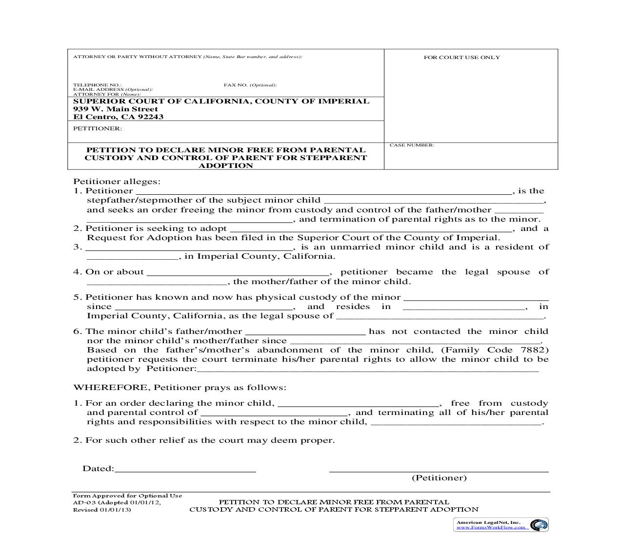Petition To Declare Minor Free {AD-03} | Pdf Fpdf Doc Docx | California