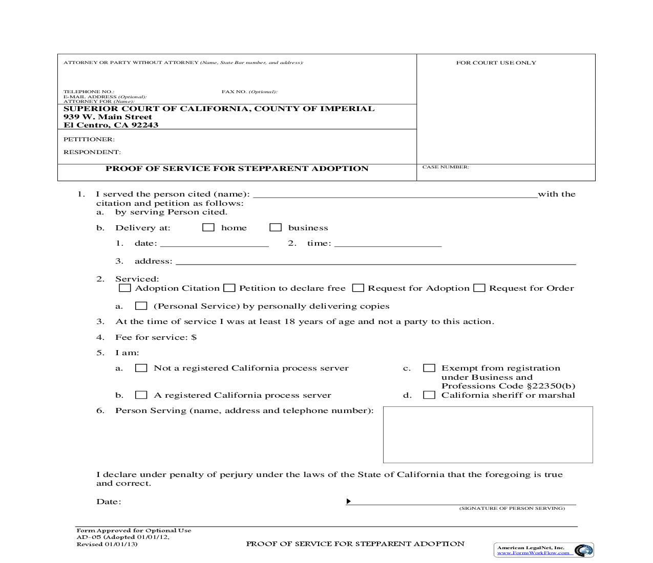 Proof Of Service For Stepparent Adoption {AD-05} | Pdf Fpdf Doc Docx | California