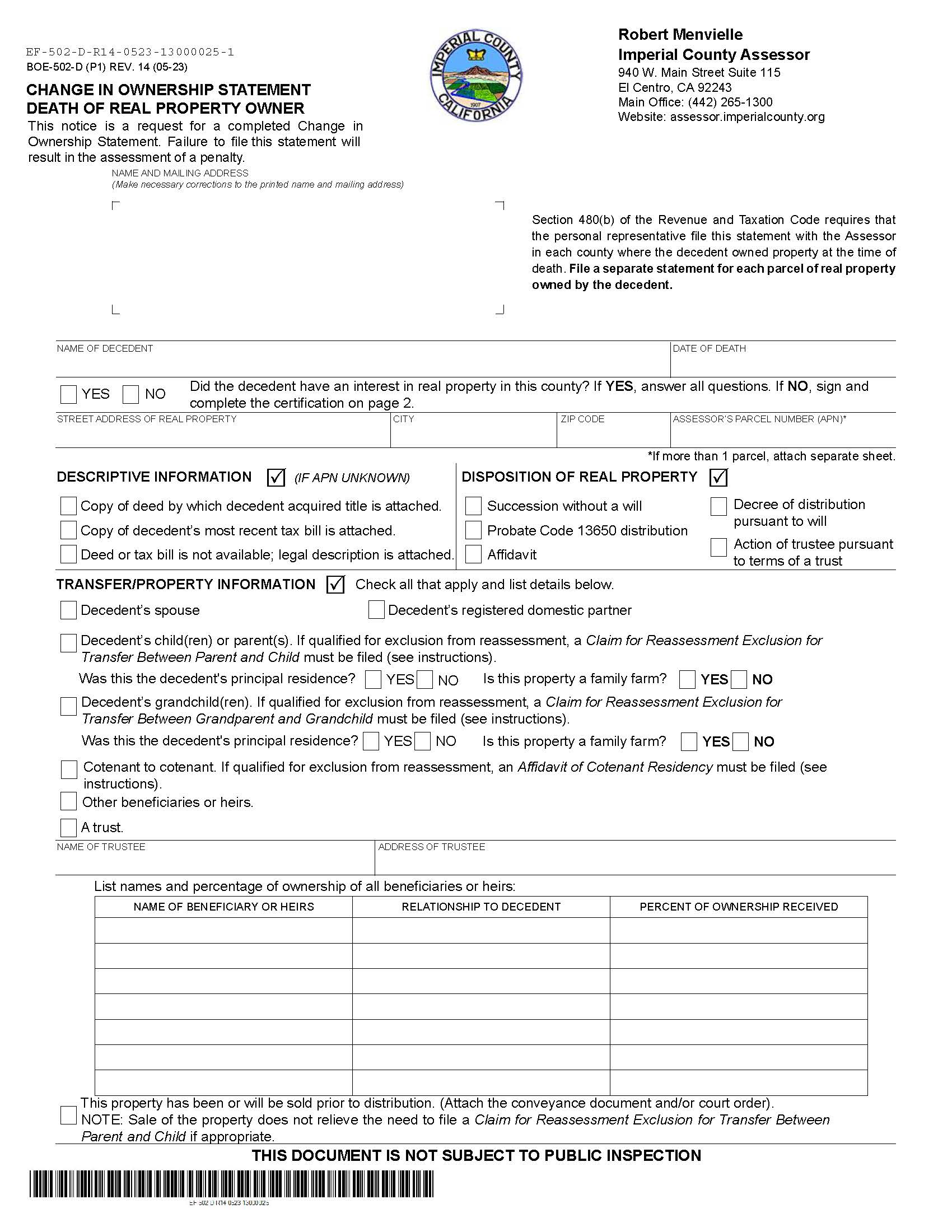 Change In Ownership Statement Death Of Real Property Owner (Imperial) {BOE-502-D} | Pdf Fpdf Docx | California