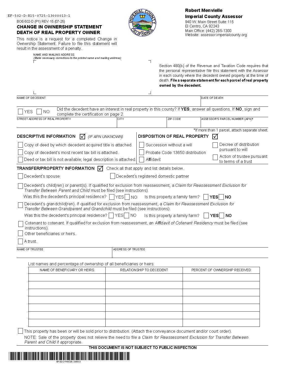 Change In Ownership Statement Death Of Real Property Owner (Imperial) {BOE-502-D} | Pdf Fpdf Docx | California