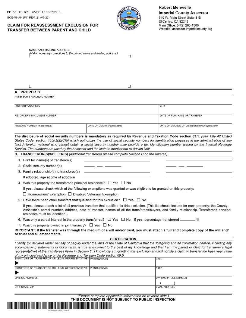Claim For Reassessment Exclusion For Transfer Between Parent And Child (Before 02-16-21) (Imperial) {BOE-58-AH} | Pdf Fpdf Docx | California