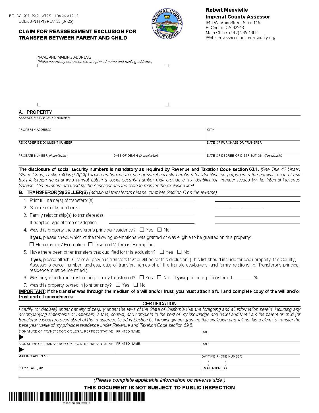 Claim For Reassessment Exclusion For Transfer Between Parent And Child (Before 02-16-21) (Imperial) {BOE-58-AH} | Pdf Fpdf Docx | California