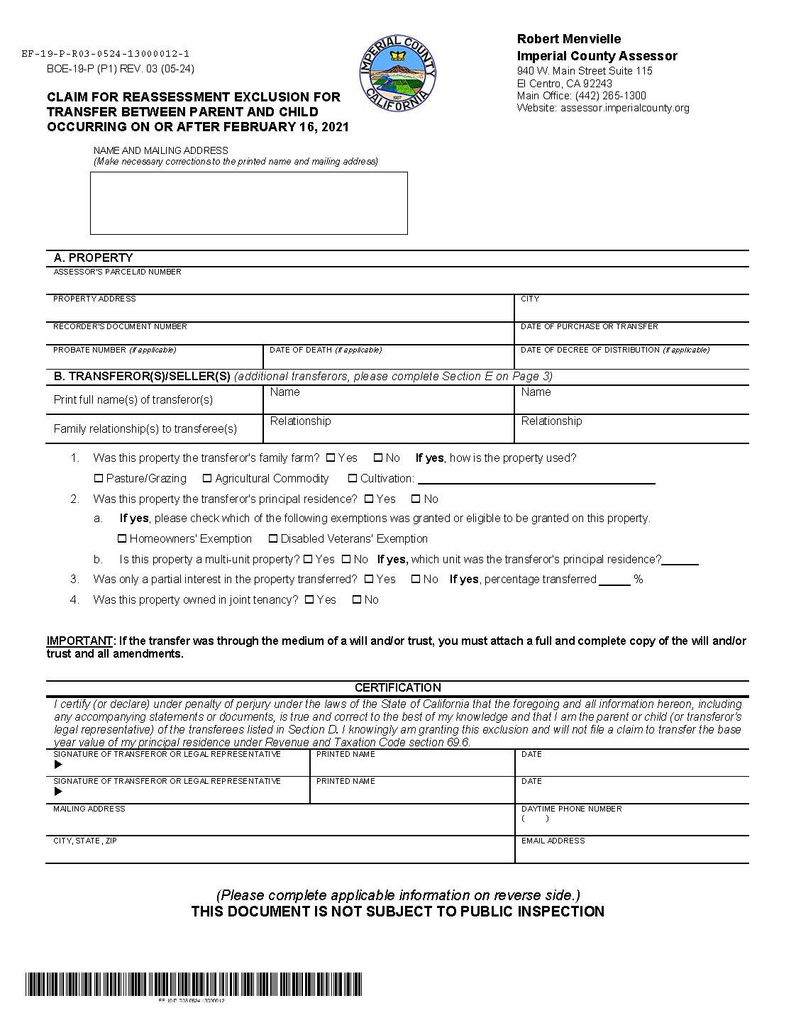 Claim For Reassessment Exclusion For Transfer Between Parent And Child (Imperial County) {BOE-19-P} | Pdf Fpdf Docx | California