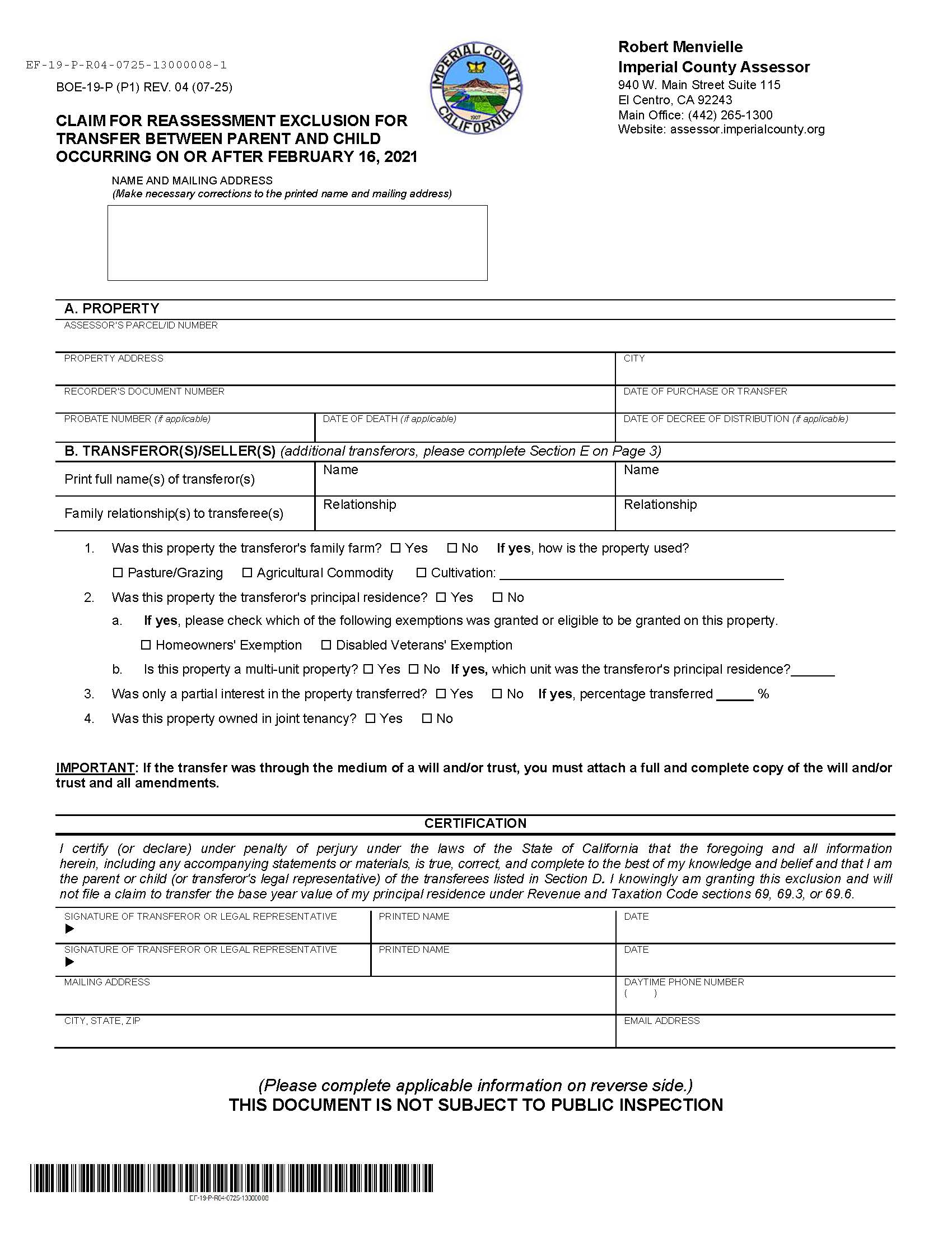 Claim For Reassessment Exclusion For Transfer Between Parent And Child (Imperial County) {BOE-19-P} | Pdf Fpdf Docx | California