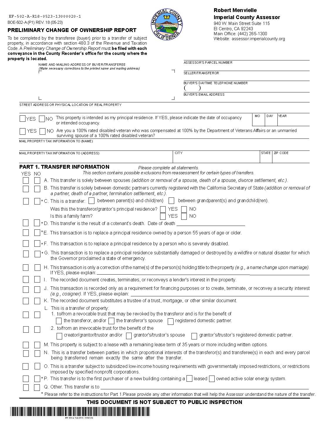 Preliminary Change Of Ownership Report (Imperial County) {BOE-502-A} | Pdf Fpdf Docx | California