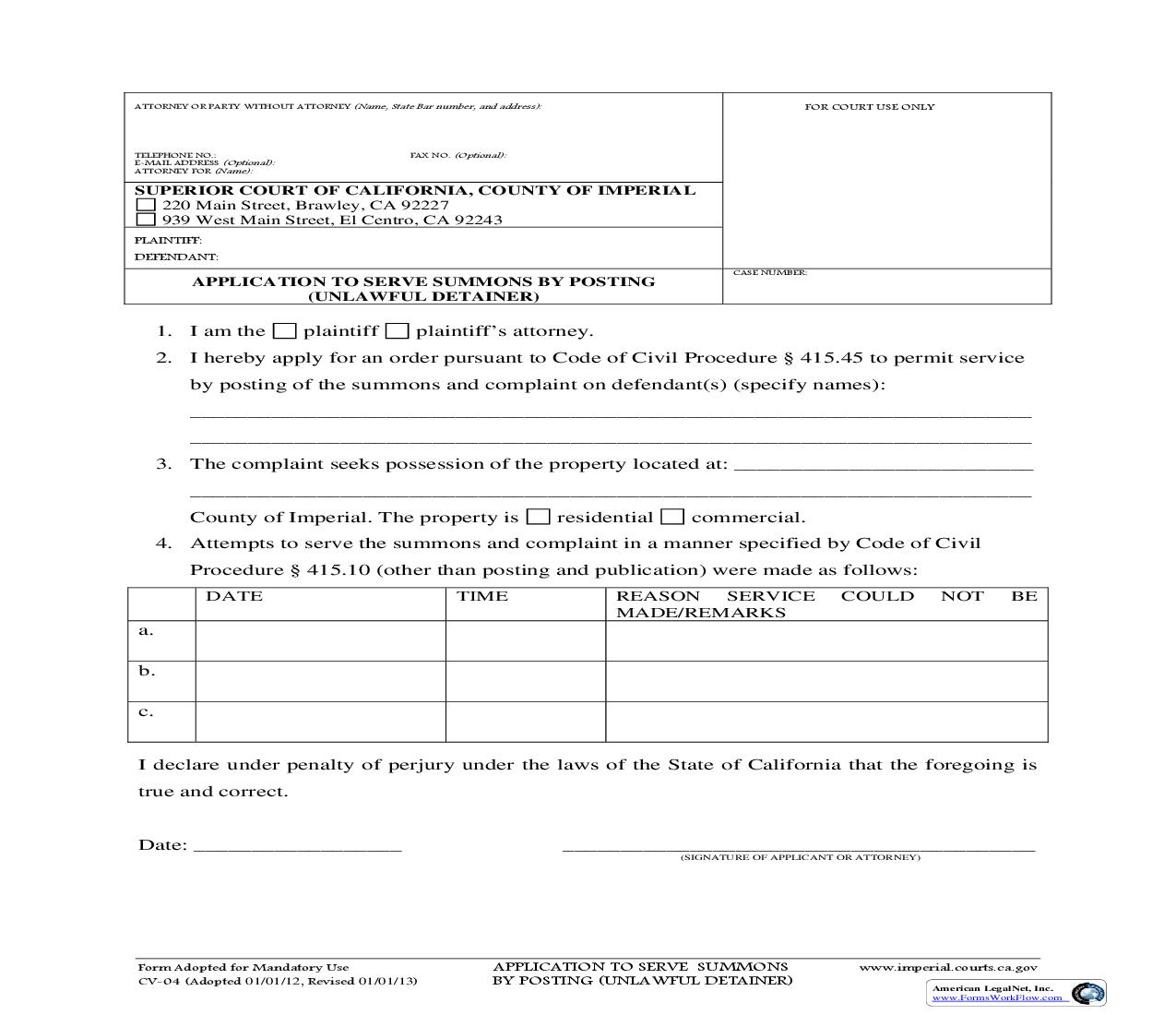 Application And Order To Serve Summons By Posting (Unlawful Detainer) {CV-04} | Pdf Fpdf Doc Docx | California