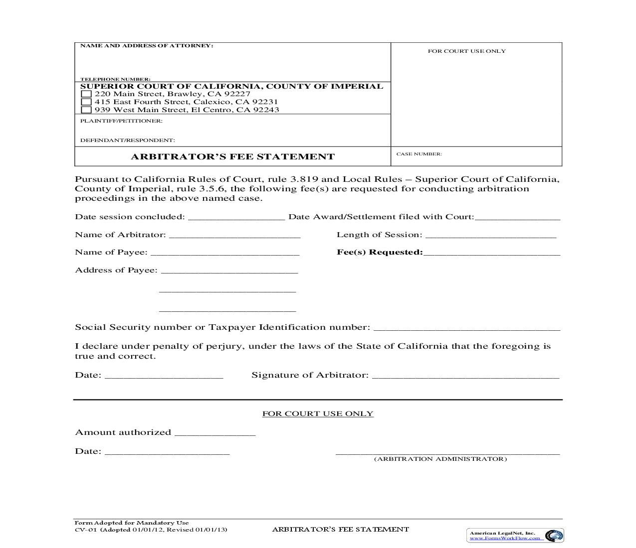 Arbitrators Fee Statement {CV-01} | Pdf Fpdf Doc Docx | California