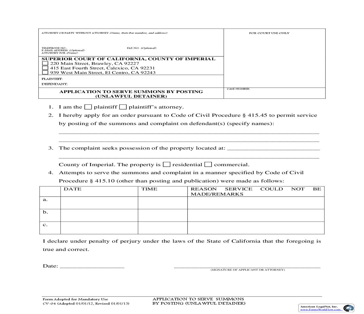 Order To Serve Summons By Posting (Unlawful Detainer) {CV-04A} | Pdf Fpdf Doc Docx | California