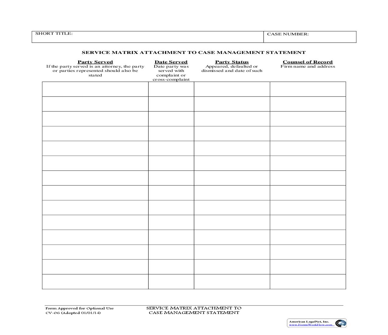 Service Matrix Attachment To Case Management Statement {CV-06} | Pdf Fpdf Doc Docx | California