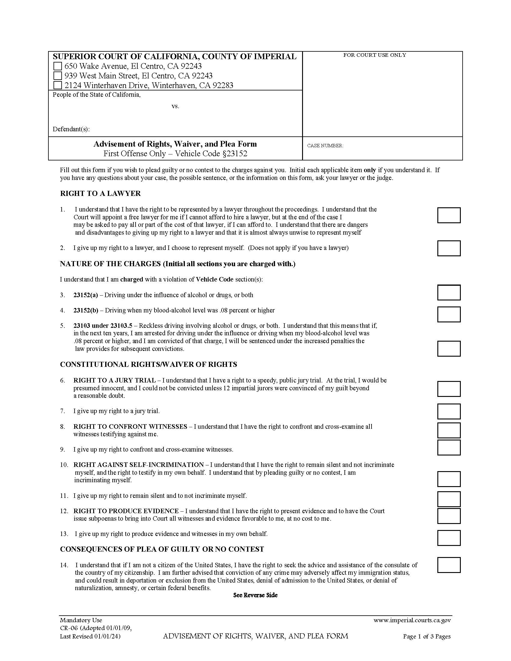 Advisement Of Rights Waiver And Plea Form (First Offense VC23152) {CR-06} | Pdf Fpdf Doc Docx | California