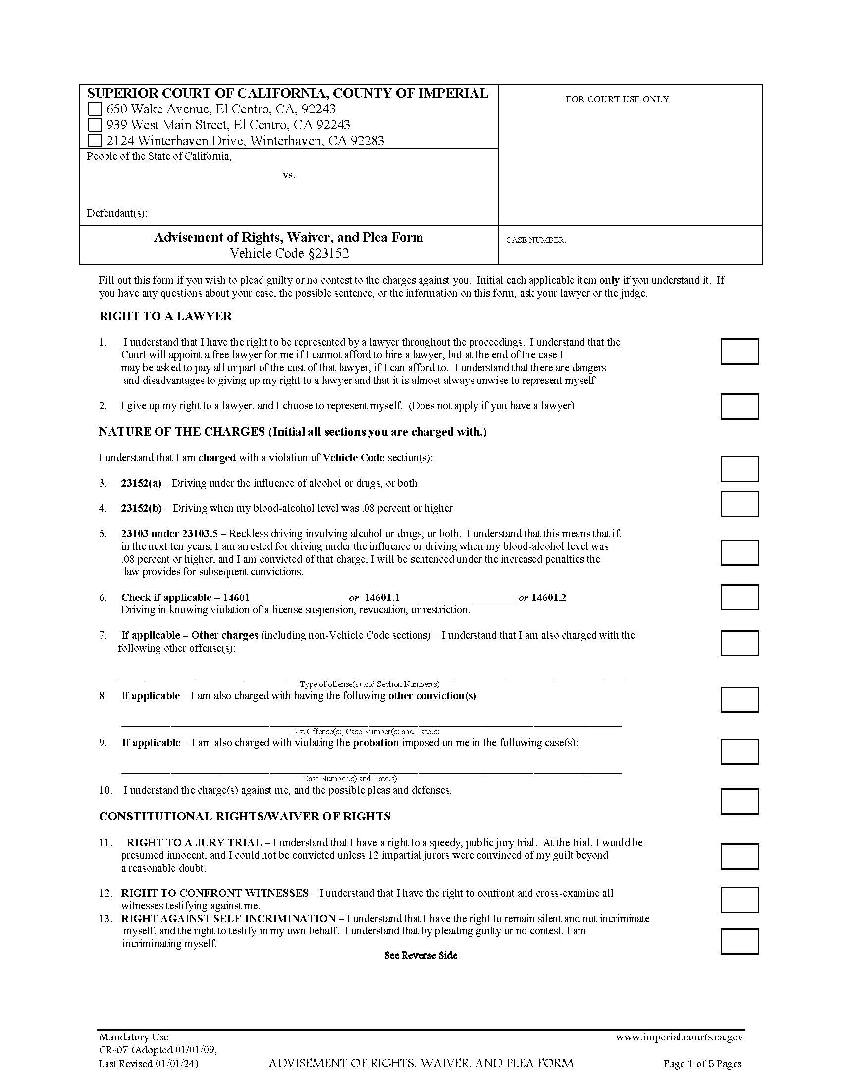 Advisement Of Rights Waiver And Plea Form (VC23152) {CR-07} | Pdf Fpdf Docx | California