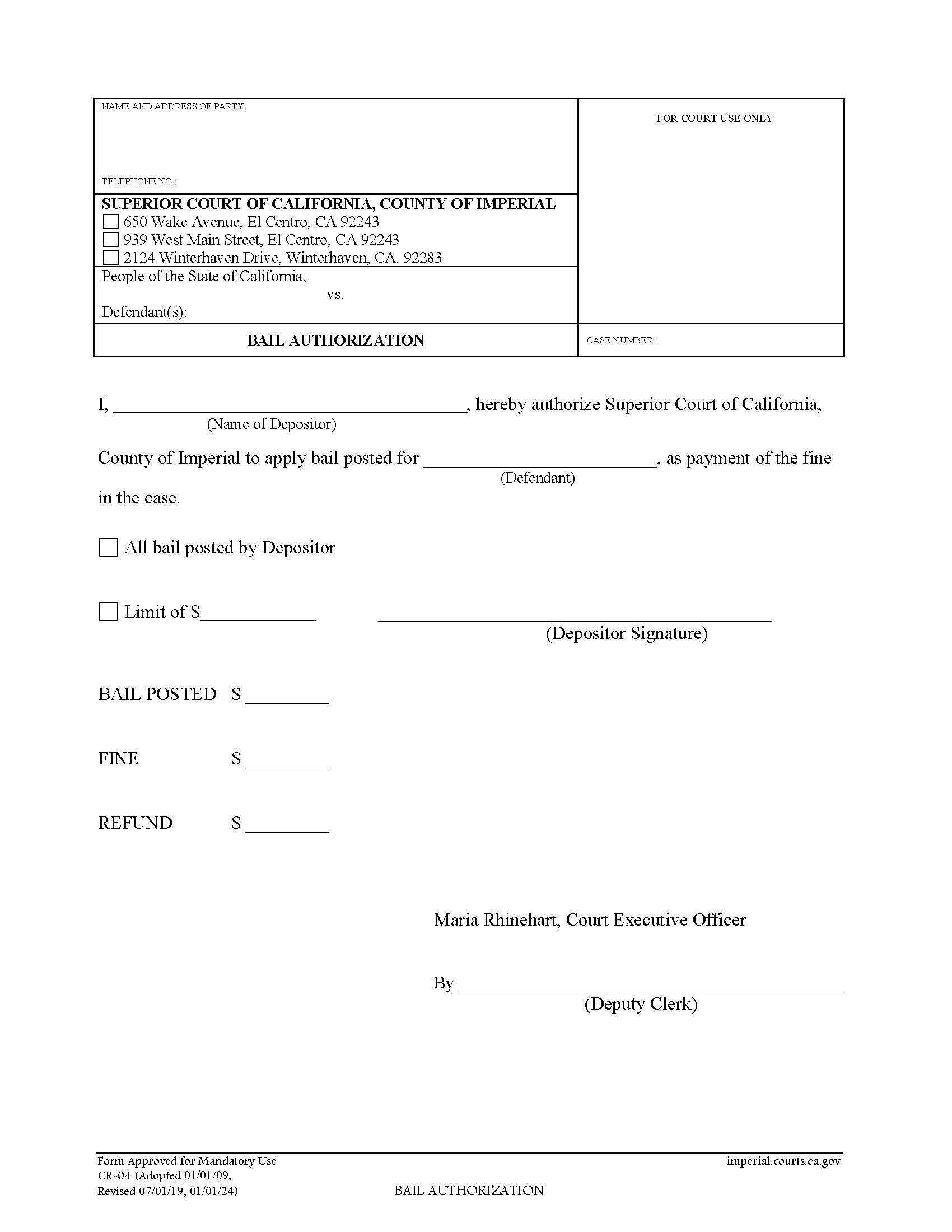 Bail Authorization {CR-04} | Pdf Fpdf Doc Docx | California