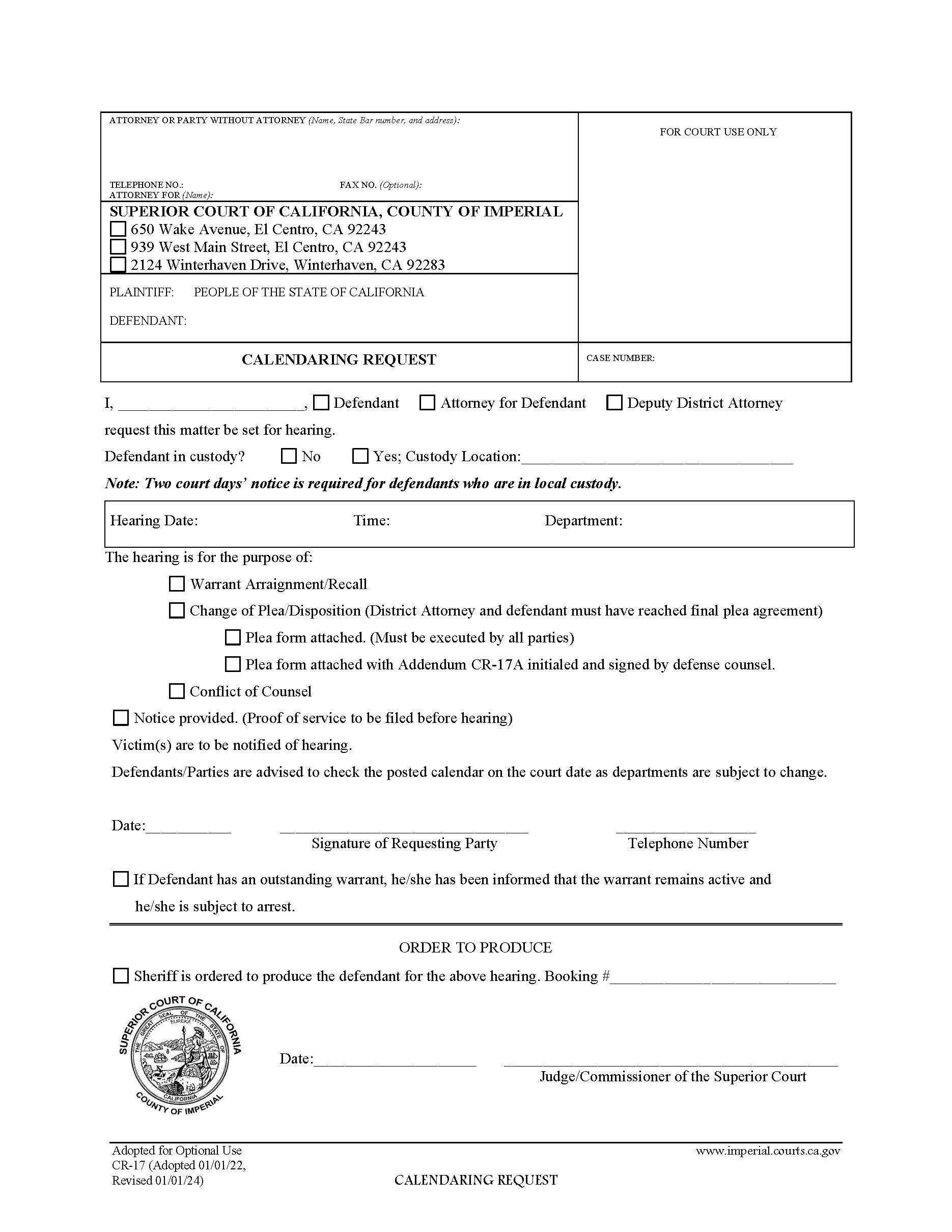Calendaring Request {CR-17} | Pdf Fpdf Docx | California