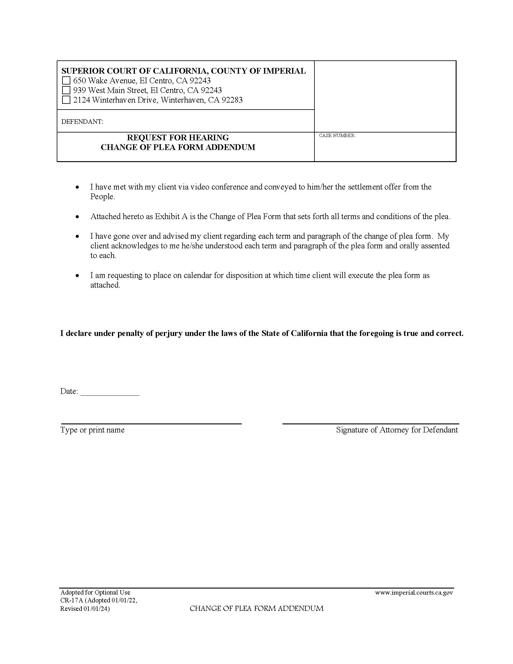 Change Of Plea Addendum {CR-17A} | Pdf Fpdf Docx | California
