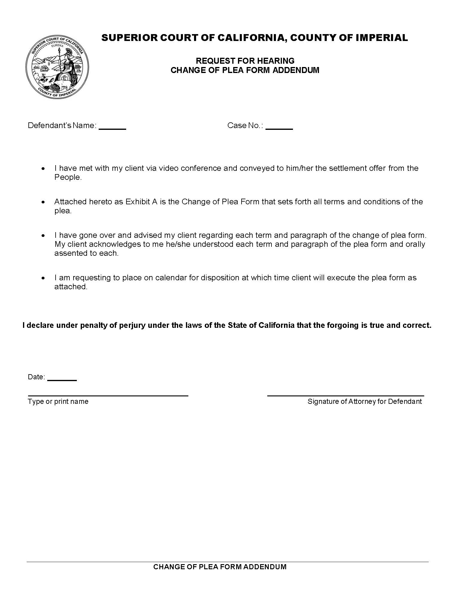 Change Of Plea Addendum (Optional) | Pdf Fpdf Docx | California