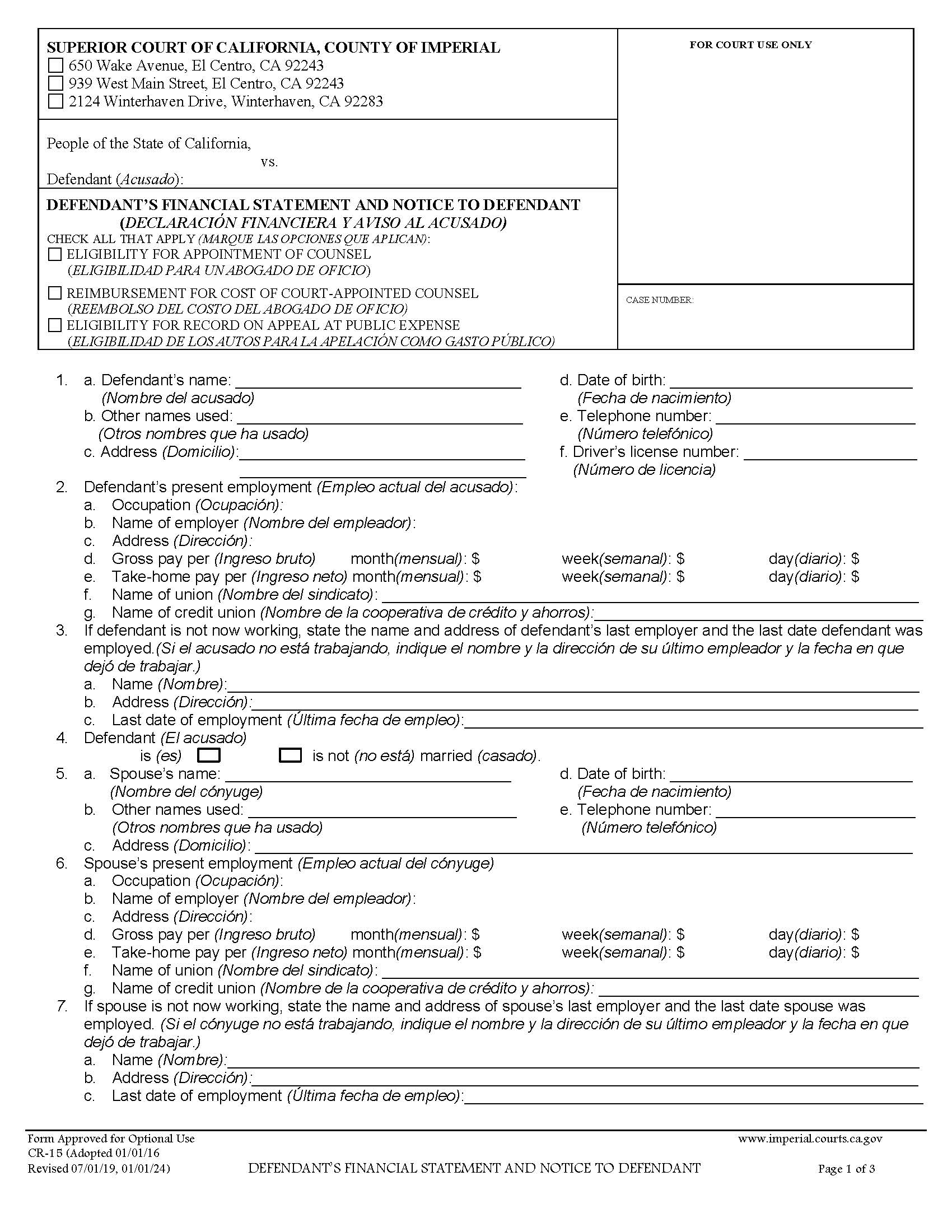 Defendants Financial Statement And Notice To Defendant {CR-15} | Pdf Fpdf Doc Docx | California
