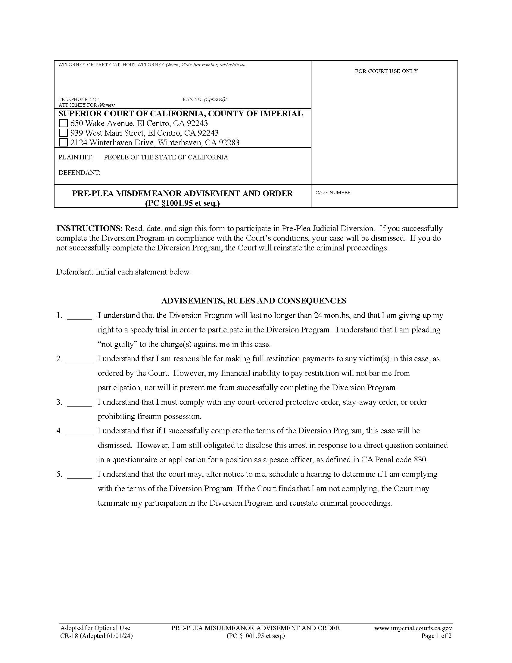 Diversion Pre Plea Advisement And Order {CR-18} | Pdf Fpdf Docx | California