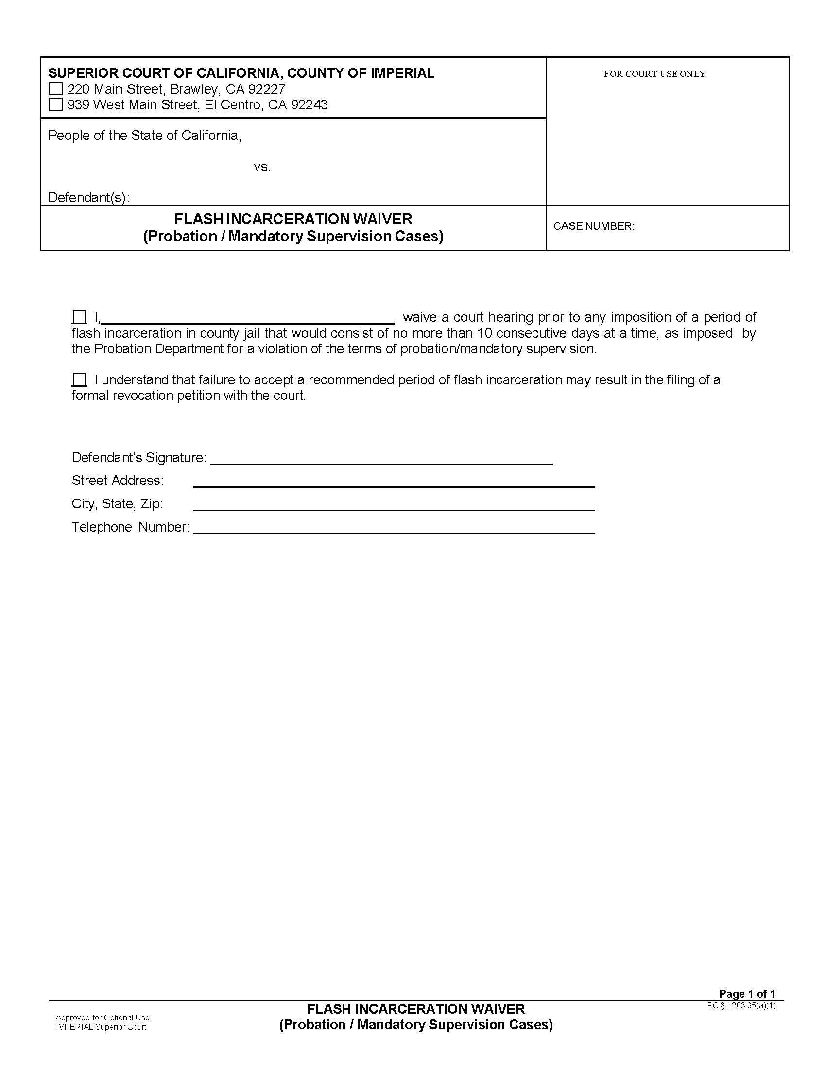 Flash Incarceration Waiver Imperial County | Pdf Fpdf Docx | California