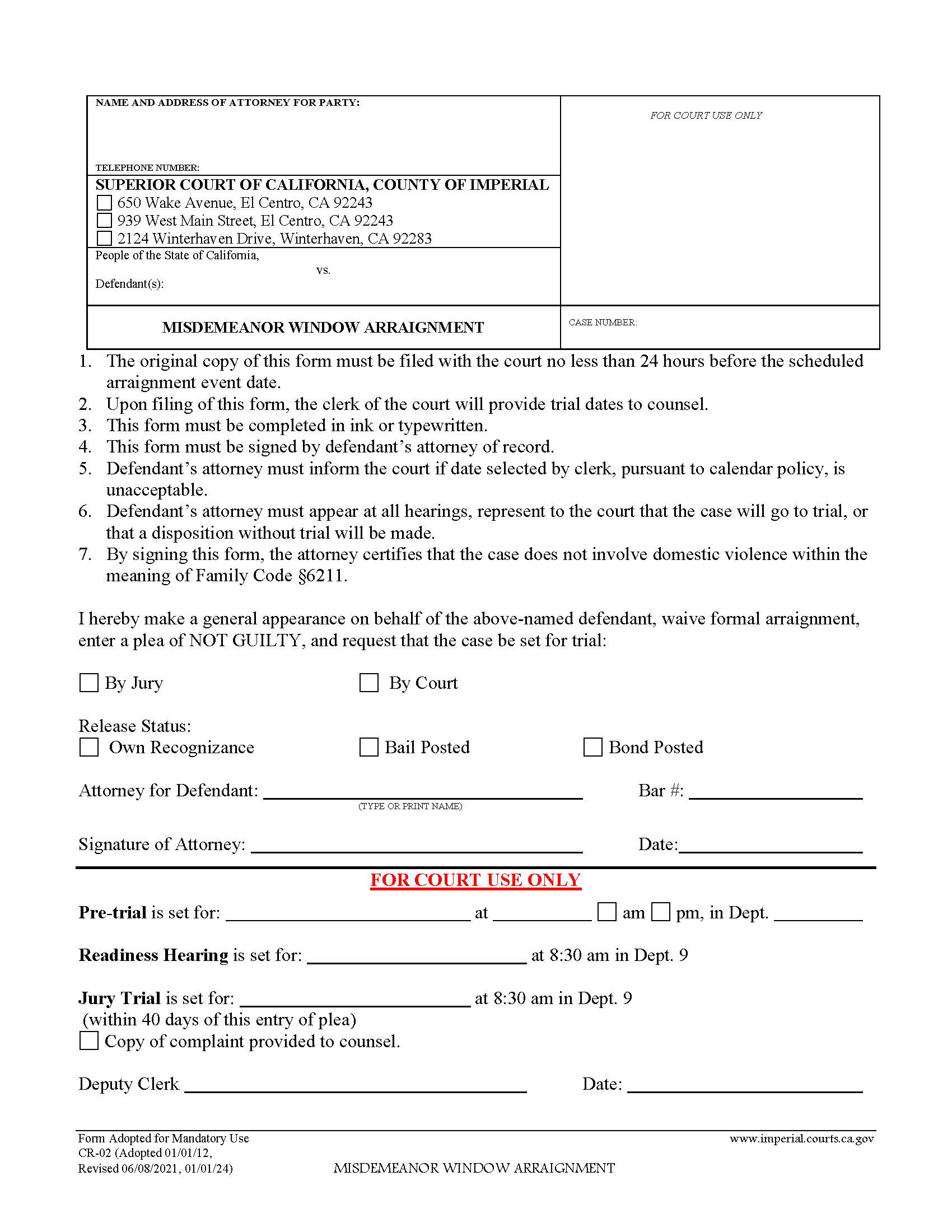 Misdemeanor Window Arraignment {CR-02} | Pdf Fpdf Docx | California