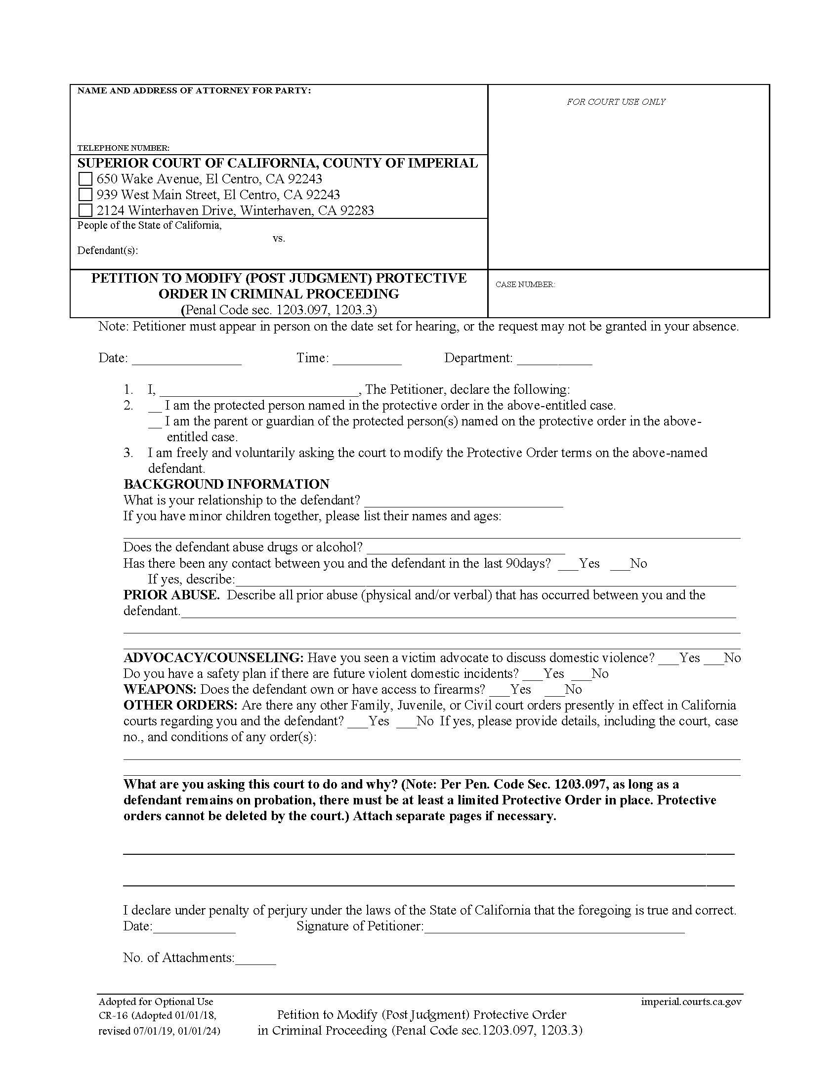 Petition To Modify (Post Judgment) Protective Order In Criminal Proceeding {CR-16} | Pdf Fpdf Docx | California