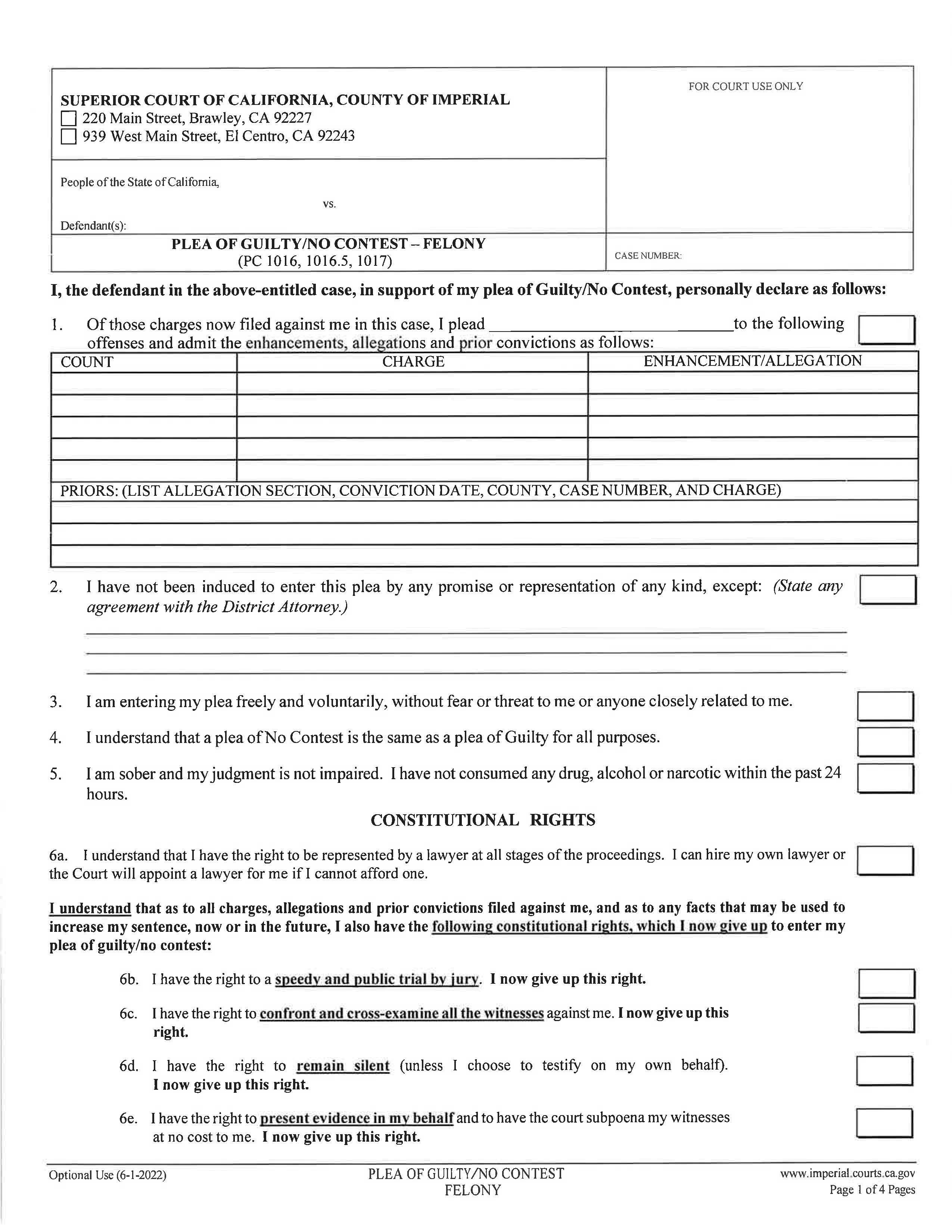 Plea Form (Optional Use) | Pdf Fpdf Docx | California