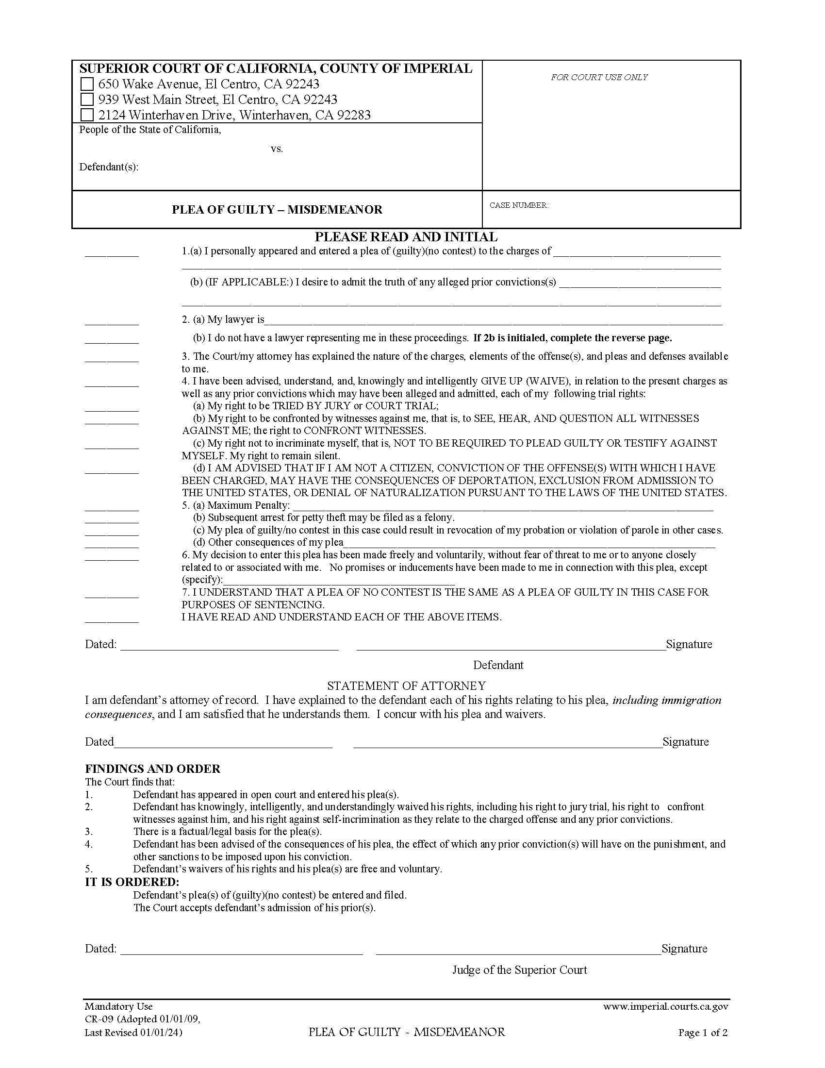 Plea Of Guilty-Misdemeanors {CR-09} | Pdf Fpdf Doc Docx | California