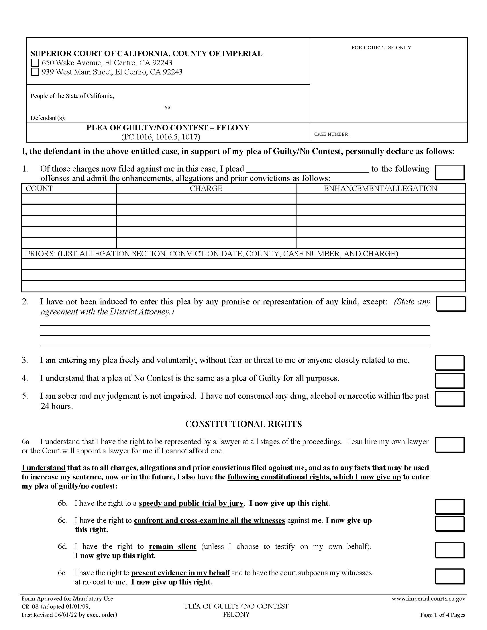 Pleal Of Guilty-No Contest-Felony {CR-08} | Pdf Fpdf Doc Docx | California