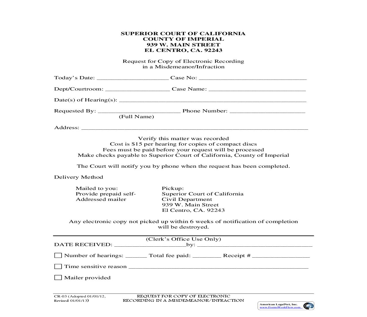 Request For Electronic Recording In A Misdemeanor {CR-03} | Pdf Fpdf Doc Docx | California