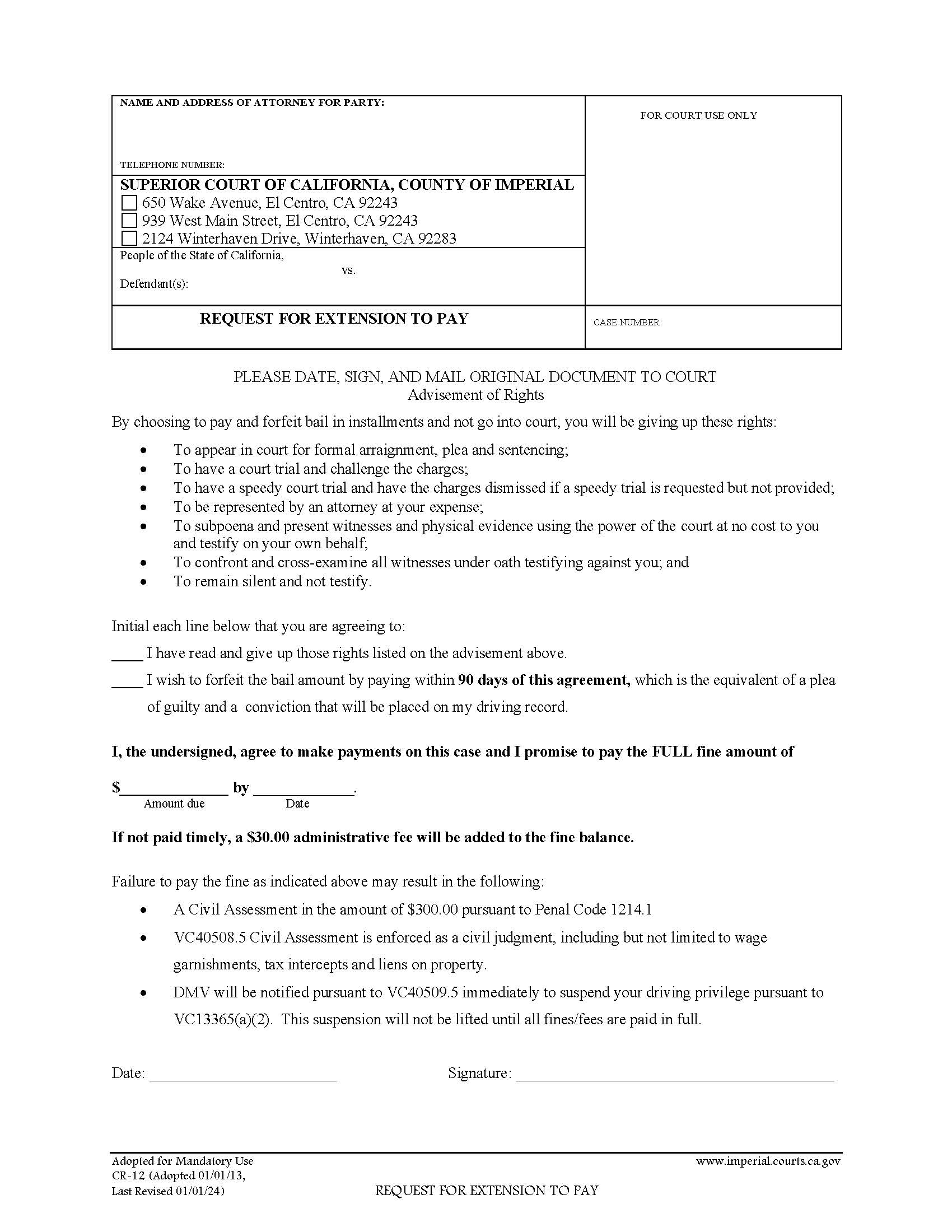 Request For Extension To Pay {CR-12} | Pdf Fpdf Doc Docx | California